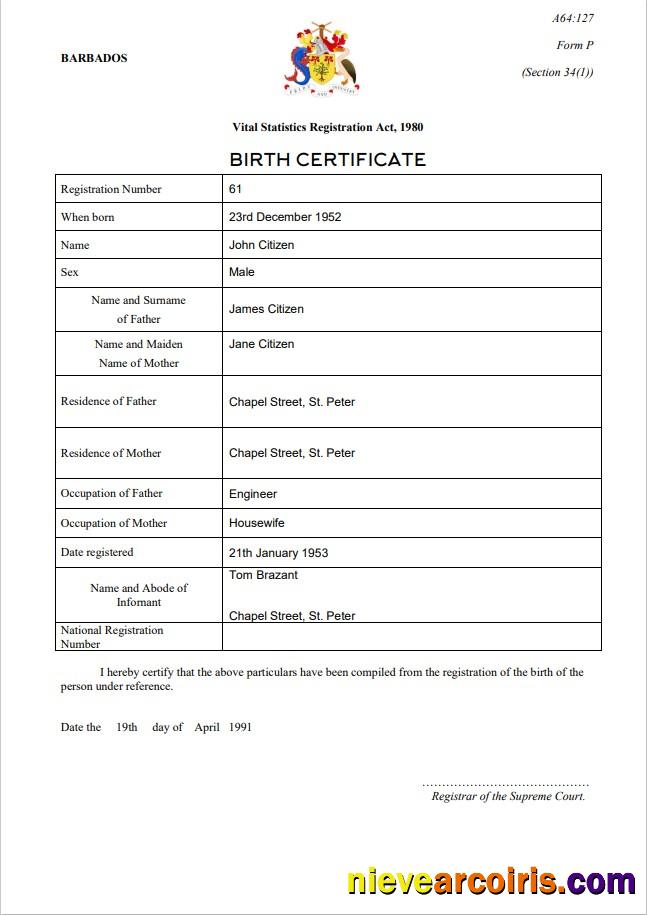 Barbados birth certificate
